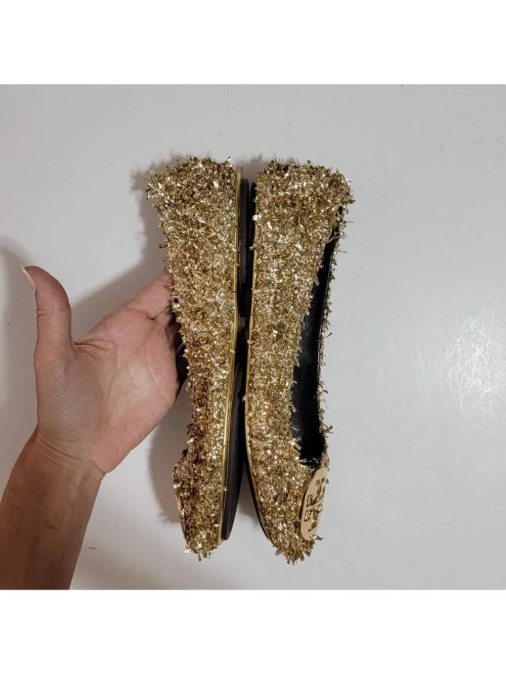NEW Tory Burch Minnie Travel Embellished Flats Gold Confetti Glam Womens 9.5
